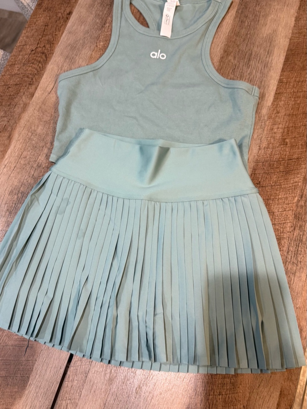 ALO Yoga Sage Green Racerback Tank and Pleated Skirt Set - Picture 2 of 5